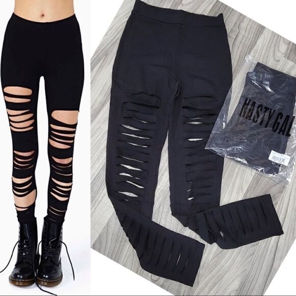 NASTY GAL HIGH WAIST LASER SHREDDED RIPPED LEGGINGS IN BLACK SIZE XS, S, M, L - Picture 3 of 7